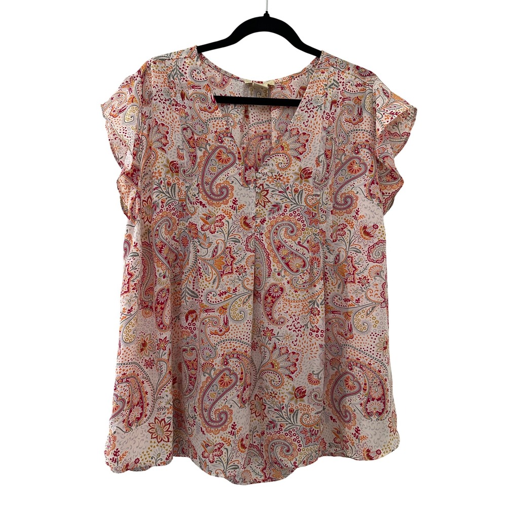 Cynthia Rowley Womens 1X Paisley Flutter Sleeve Top Pink Feminine Lightweight